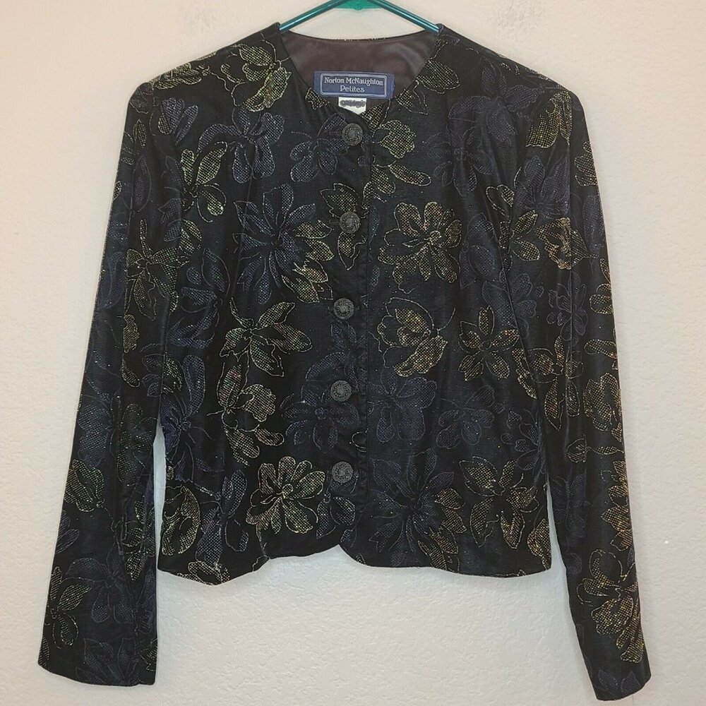 Norton McNaughton Jacket Womens Size 4P Black Velvet Floral Glitter Formal Party